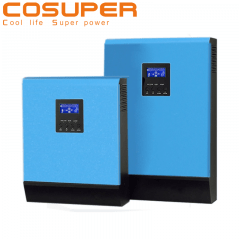 שני ממירי חשמל COSUPER 3000W/24V LPE כחולים עם צגים דיגיטליים הממוקמים זה לצד זה על רקע לבן, המיועדים להמרה אופטימלית של אנרגיית השמש ושילוב מערכת פוטו-וולטאית. תשתית ניידת אידיאלית לפתרונות אנרגיה מתחדשת, ייצור חשמל יעיל וחשמל אמין מחוץ לרשת - ציוד לקמפינג מושלם או מוצרים לקרוואנים תוך שימוש באנרגיה סולארית.