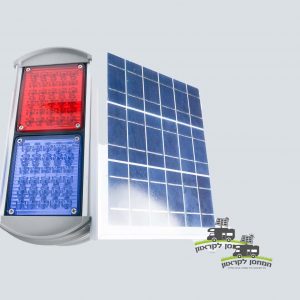 פאנל סולארי פוטו-וולטאי הממוקם לצד נורת LED מלבנית הכוללת מקטעים אדומים וכחולים, הממחישים טכנולוגיית אנרגיה סולארית מתקדמת לייצור אנרגיה מתחדשת ופתרונות תאורה בני-קיימא, על רקע ניטרלי.