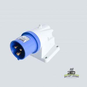 שקע חשמל עגול בכחול-לבן ברמה תעשייתית בעל 3 פינים לחיבור חשמלי מאובטח במערכות אנרגיה סולארית, מיועד להתקנות פוטו-וולטאיות, שילוב גנרטורים ותשתיות אנרגיה מתחדשת - מוצג על רקע אפור בהיר חלק.