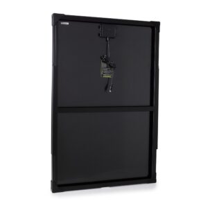 מבט אחורי של פאנל סולארי קשיח BOULDER 50 (12-22V, 50W) הכולל קופסת חיבורים וכבלים מחוברים במרכז, הממחיש טכנולוגיה פוטו-וולטאית מתקדמת להמרת אנרגיה סולארית יעילה; אידיאלי לייצור חשמל בתשתיות אנרגיה מתחדשת כגון תחנות סולאריות או שילוב במערכות אחסון סולאריות.