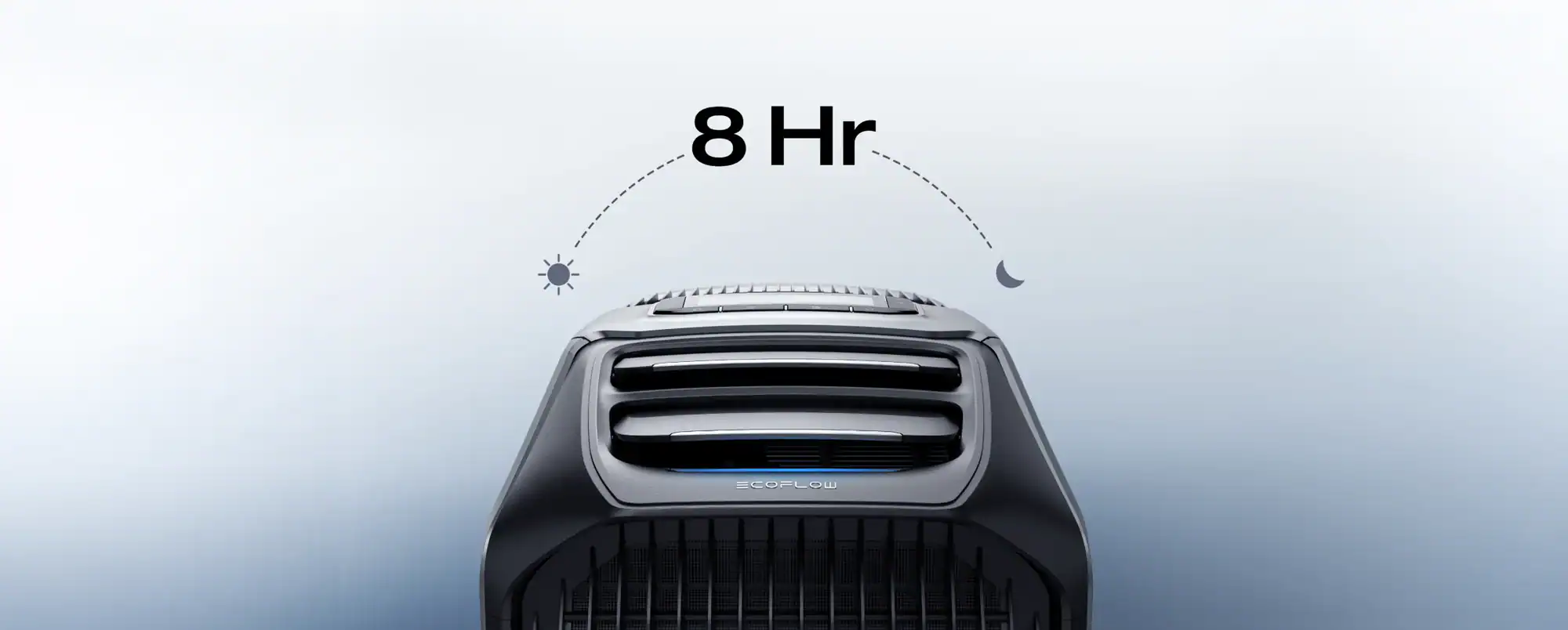 תקריב של מזגן נייד המופעל באנרגיה סולארית EcoFlow WAVE 2 עם סמל "8 שעות" וסמלי שמש/ירח, המציג שימוש באנרגיה מתחדשת לאורך יום שלם.