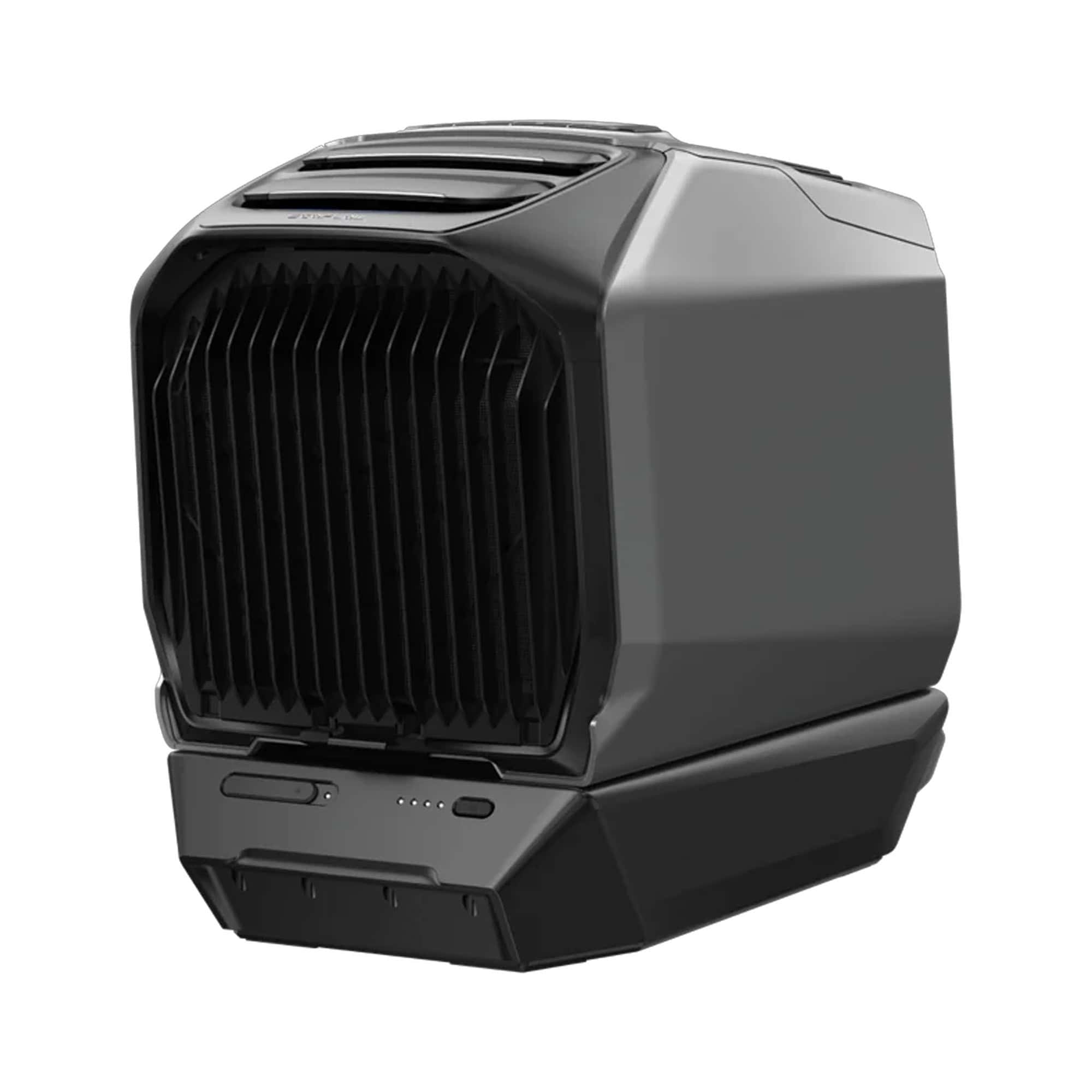 מזגן נייד EcoFlow WAVE 2 עם סוללה, המיועד לשילוב אנרגיה סולארית ושימוש באנרגיה מתחדשת, על רקע לבן.