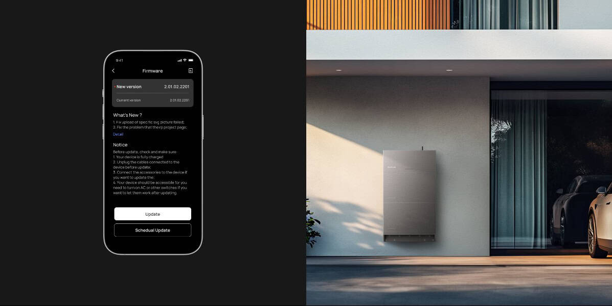 סמארטפון מציג מסך עדכון קושחה עבור מערכת סולארית היברידית חד פאזית 6KW – קיבולת 5KWH ECOFLOW POWER OCEAN, הכוללת מערך פוטו-וולטאי בהספק 3300 וואט המותקן על הקיר החיצוני של בית מודרני; בסמוך חונה מכונית חשמלית, המדגישה את התשתית המתקדמת לאנרגיה מתחדשת ואת פתרונות ניהול האנרגיה החכמים.