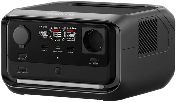 תחנת כוח ניידת ECOFLOW RIVER 3 Plus עם מסך דיגיטלי, תומכת אנרגיה סולארית, פוטו-וולטאית וטעינה ירוקה מתקדמת.