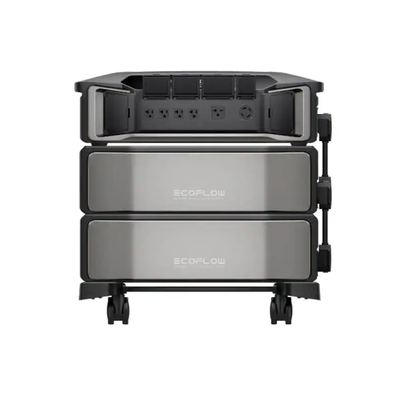 סט ECOFLOW DELTA PRO ULTTRA 6900W עם סוללת הרחבה 6000Wh ועגלת נשיאה, פתרון אנרגיה מתחדשת ותמיכה בפאנלים סולאריים, רקע לבן.